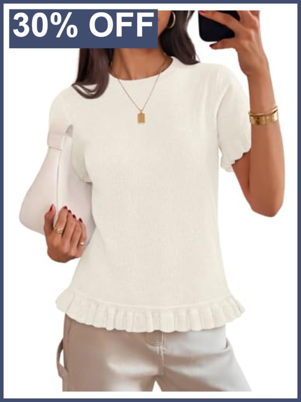 Ruffle Sleeve Soft Knit Sweater Top Crewneck Pullover Short Sleeve Business